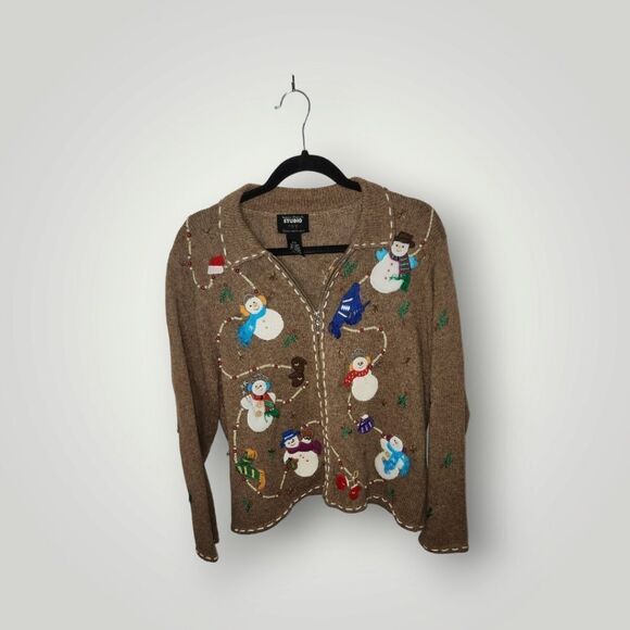 Studio Joy snowman sweater jacket cardigan beaded embroidered size Petite Large - Picture 3 of 9